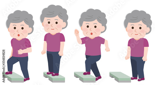 室内運動　踏み台昇降をする高齢女性　イラスト