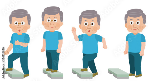 室内運動　踏み台昇降をする高齢男性　イラスト