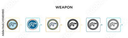 Weapon vector icon in 6 different modern styles. Black, two colored weapon icons designed in filled, outline, line and stroke style. Vector illustration can be used for web, mobile, ui