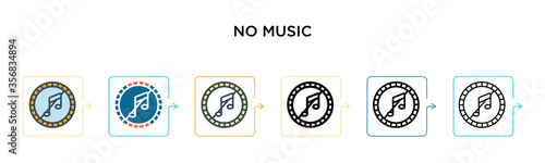 No music vector icon in 6 different modern styles. Black, two colored no music icons designed in filled, outline, line and stroke style. Vector illustration can be used for web, mobile, ui