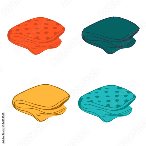 Hand drawn flat blankets collection. Illustration of cozy realistic folded plaids with a pattern. Four different colors are included. Ideal for blankets, bedspreads, bedding, fabrics or wraps.