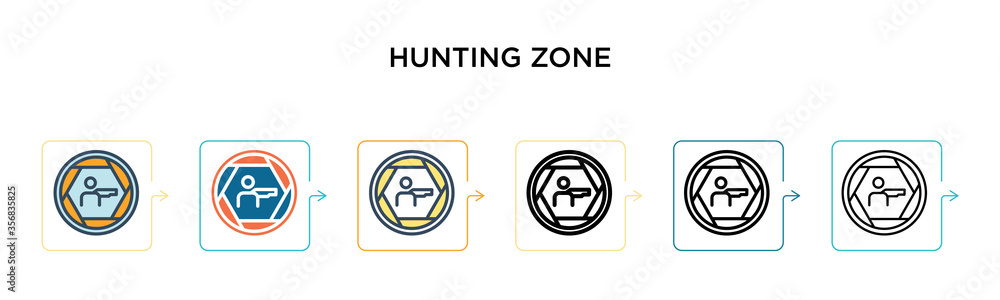 Hunting zone vector icon in 6 different modern styles. Black, two colored hunting zone icons designed in filled, outline, line and stroke style. Vector illustration can be used for web, mobile, ui