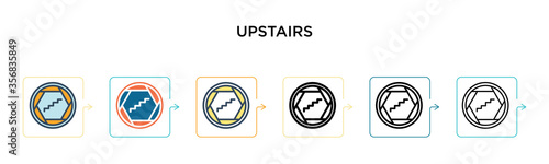 Upstairs sign vector icon in 6 different modern styles. Black, two colored upstairs sign icons designed in filled, outline, line and stroke style. Vector illustration can be used for web, mobile, ui