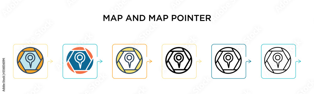 Map and map pointer vector icon in 6 different modern styles. Black ...