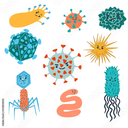 Cartoon Cute germ, bacteria and viruses collection. Characters smile wickedly. Cartoon microbes set. Isolated flat vector illustration of bacteriophage, influenza virus. coronavirus
