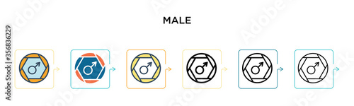 Male symbol vector icon in 6 different modern styles. Black, two colored male symbol icons designed in filled, outline, line and stroke style. Vector illustration can be used for web, mobile, ui