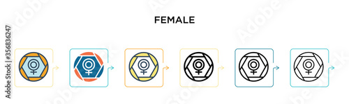 Female sign vector icon in 6 different modern styles. Black, two colored female sign icons designed in filled, outline, line and stroke style. Vector illustration can be used for web, mobile, ui