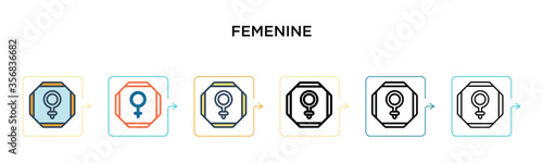 Femenine vector icon in 6 different modern styles. Black, two colored femenine icons designed in filled, outline, line and stroke style. Vector illustration can be used for web, mobile, ui