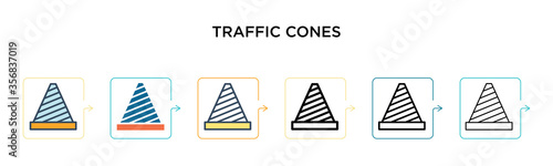 Traffic cones vector icon in 6 different modern styles. Black, two colored traffic cones icons designed in filled, outline, line and stroke style. Vector illustration can be used for web, mobile, ui
