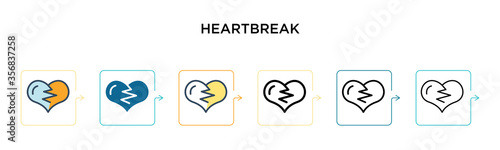 Heartbreak vector icon in 6 different modern styles. Black, two colored heartbreak icons designed in filled, outline, line and stroke style. Vector illustration can be used for web, mobile, ui