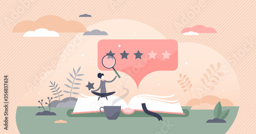Book review vector illustration. Reading feedback flat tiny persons concept