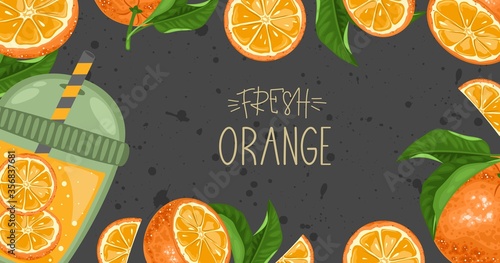 Fresh orange, leaves and a delicious drink. Hand calligraphy. Label, banner advertising element. Vector illustration.
Printing on fabric, paper, postcards, invitations.