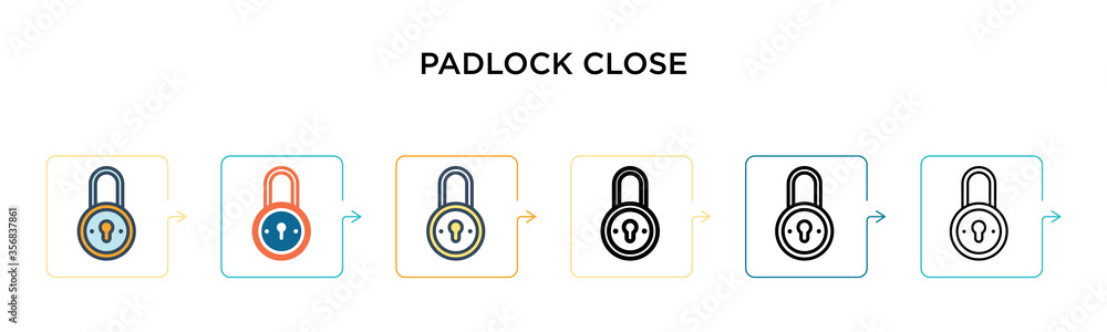 Padlock close vector icon in 6 different modern styles. Black, two colored padlock close icons designed in filled, outline, line and stroke style. Vector illustration can be used for web, mobile, ui Padlock close vector icon in 6 different modern styles. Black, two colored padlock close icons designed in filled, outline, line and stroke style. Vector illustration can be used for web, mobile, ui