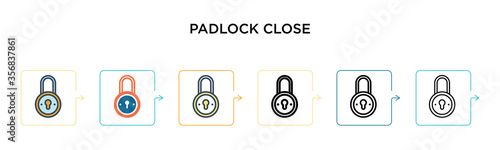 Padlock close vector icon in 6 different modern styles. Black, two colored padlock close icons designed in filled, outline, line and stroke style. Vector illustration can be used for web, mobile, ui