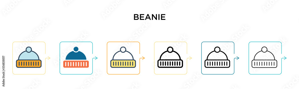 Beanie vector icon in 6 different modern styles. Black, two colored beanie icons designed in filled, outline, line and stroke style. Vector illustration can be used for web, mobile, ui Beanie vector icon in 6 different modern styles. Black, two colored beanie icons designed in filled, outline, line and stroke style. Vector illustration can be used for web, mobile, ui