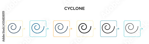 Cyclone vector icon in 6 different modern styles. Black, two colored cyclone icons designed in filled, outline, line and stroke style. Vector illustration can be used for web, mobile, ui