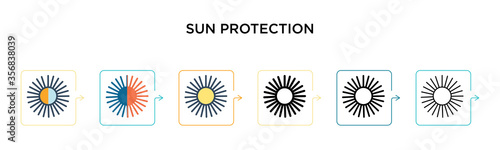 Sun protection vector icon in 6 different modern styles. Black, two colored sun protection icons designed in filled, outline, line and stroke style. Vector illustration can be used for web, mobile, ui