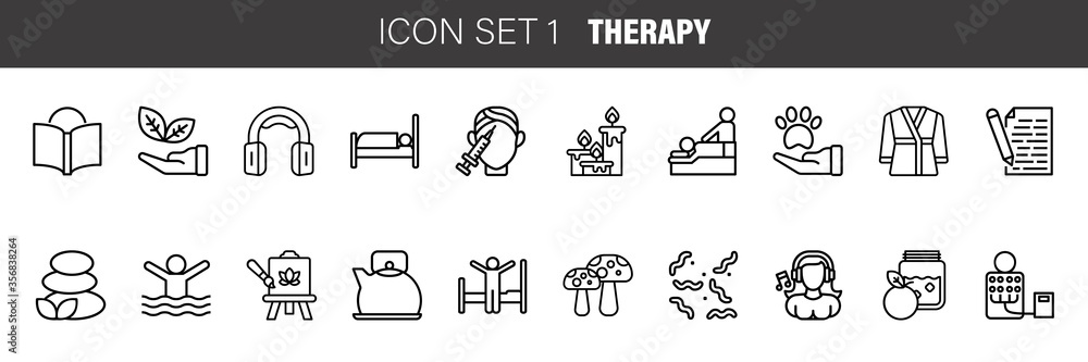 Set of rehabilitation, therapy icons. Thin line, psychotherapy and physiotherapy. Vector illustration Set of rehabilitation, therapy icons. Thin line, psychotherapy and physiotherapy. Vector illustration