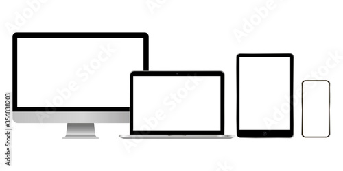 Tablet template, computer image, laptop illustration, phone mockup. Flat digital devices with blank screens. Stock Photo.