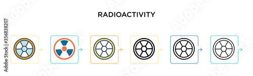 Radioactivity vector icon in 6 different modern styles. Black, two colored radioactivity icons designed in filled, outline, line and stroke style. Vector illustration can be used for web, mobile, ui