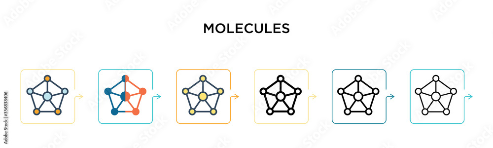 Molecules vector icon in 6 different modern styles. Black, two colored molecules icons designed in filled, outline, line and stroke style. Vector illustration can be used for web, mobile, ui Molecules vector icon in 6 different modern styles. Black, two colored molecules icons designed in filled, outline, line and stroke style. Vector illustration can be used for web, mobile, ui