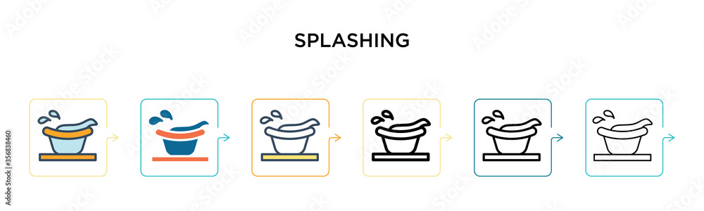 Splashing vector icon in 6 different modern styles. Black, two colored splashing icons designed in filled, outline, line and stroke style. Vector illustration can be used for web, mobile, ui Splashing vector icon in 6 different modern styles. Black, two colored splashing icons designed in filled, outline, line and stroke style. Vector illustration can be used for web, mobile, ui