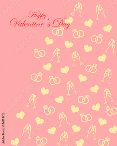 Valentine’s Day greeting card. Heart,rings and champagne pattern on pink background cover template and banner design. For background, wallpaper, event, card, postcard, backdrop, media, website etc.