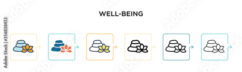 Well-being vector icon in 6 different modern styles. Black, two colored well-being icons designed in filled, outline, line and stroke style. Vector illustration can be used for web, mobile, ui