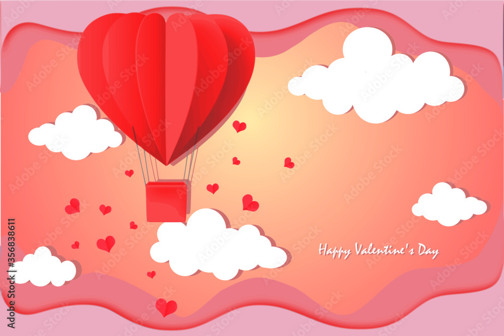 Valentine's day with heart balloon and cloud with mini heart on pink and yellow soft pastel color background. For Valentine's day, Mother's and birthday greeting card design.