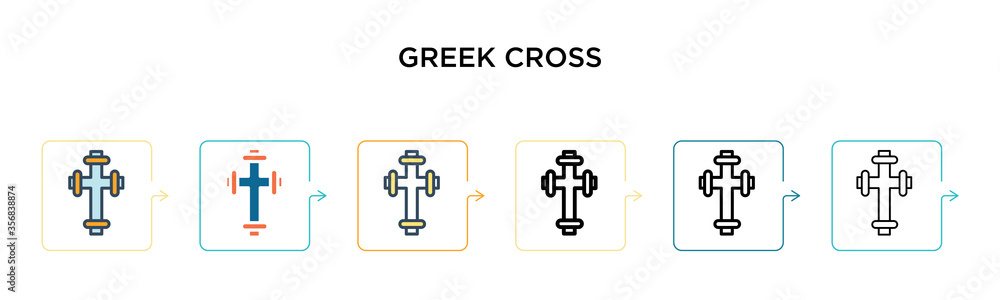 Greek cross vector icon in 6 different modern styles. Black, two colored greek cross icons designed in filled, outline, line and stroke style. Vector illustration can be used for web, mobile, ui Greek cross vector icon in 6 different modern styles. Black, two colored greek cross icons designed in filled, outline, line and stroke style. Vector illustration can be used for web, mobile, ui