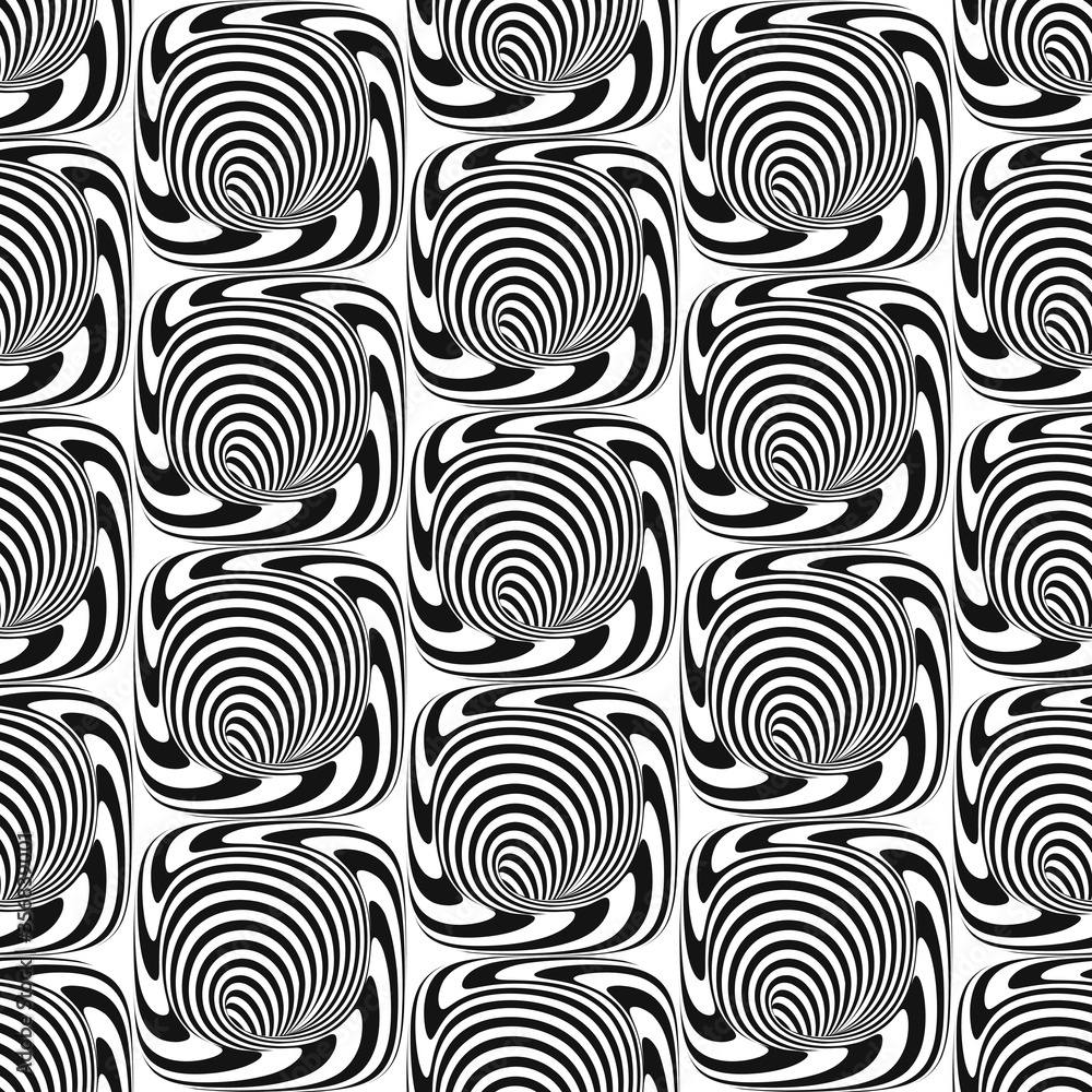 Black and white striped background. Seamless pattern with optical illusion. Simple graphic design. 3d vector illustration.