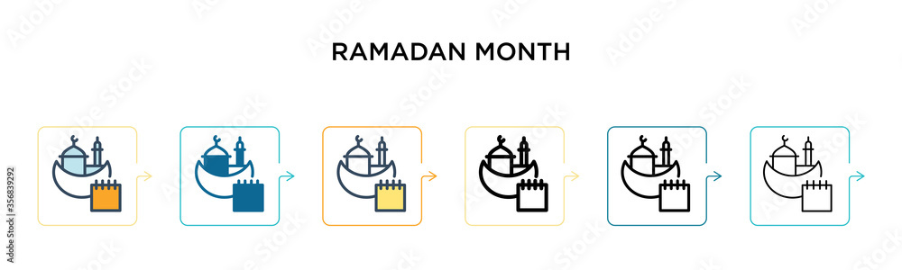 Ramadan month vector icon in 6 different modern styles. Black, two colored ramadan month icons designed in filled, outline, line and stroke style. Vector illustration can be used for web, mobile, ui