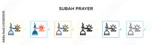 Subah prayer vector icon in 6 different modern styles. Black, two colored subah prayer icons designed in filled, outline, line and stroke style. Vector illustration can be used for web, mobile, ui