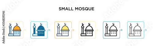 Small mosque vector icon in 6 different modern styles. Black, two colored small mosque icons designed in filled, outline, line and stroke style. Vector illustration can be used for web, mobile, ui