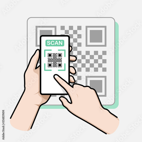 Hand holding a smartphone and hand of touching on screen for scanning to qr code and gray qr code background . Vector illustration