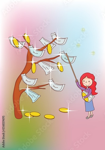 girl plucking currency notes  from money tree