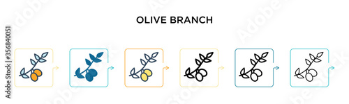 Olive branch vector icon in 6 different modern styles. Black, two colored olive branch icons designed in filled, outline, line and stroke style. Vector illustration can be used for web, mobile, ui