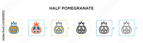 Half pomegranate vector icon in 6 different modern styles. Black, two colored half pomegranate icons designed in filled, outline, line and stroke style. Vector illustration can be used for web,