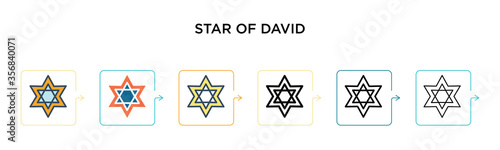 Star of david vector icon in 6 different modern styles. Black, two colored star of david icons designed in filled, outline, line and stroke style. Vector illustration can be used for web, mobile, ui