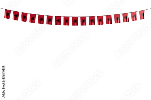 cute many Albania flags or banners hangs on string isolated on white - any celebration flag 3d illustration..