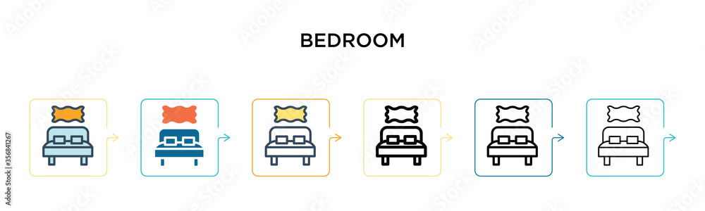 Bedroom vector icon in 6 different modern styles. Black, two colored bedroom icons designed in filled, outline, line and stroke style. Vector illustration can be used for web, mobile, ui