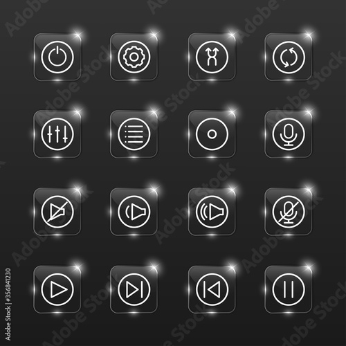 ector set of glass square button icon music player for mobile and web.