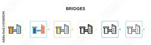 Bridges vector icon in 6 different modern styles. Black, two colored bridges icons designed in filled, outline, line and stroke style. Vector illustration can be used for web, mobile, ui