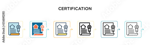 Certification vector icon in 6 different modern styles. Black, two colored certification icons designed in filled, outline, line and stroke style. Vector illustration can be used for web, mobile, ui