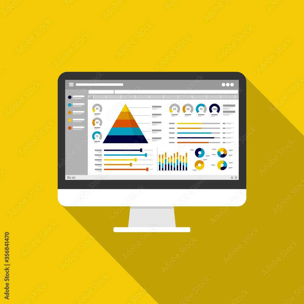 Web statistics analytic charts on Computer screen icon. Flat vector infographic trend graphs information report concept for planning and accounting, analysis, audit, management, marketing illustration Web statistics analytic charts on Computer screen icon. Flat vector infographic trend graphs information report concept for planning and accounting, analysis, audit, management, marketing illustration