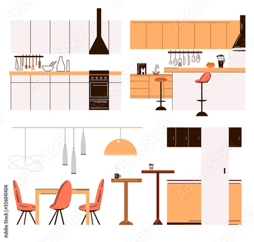 Vector flat collection of home kitchen modern furniture - kitchen tables, bar chairs, dinner tables, cooker and cook accessories. Modern minimalist kitchen set isolated on white.