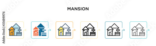 Mansion vector icon in 6 different modern styles. Black  two colored mansion icons designed in filled  outline  line and stroke style. Vector illustration can be used for web  mobile  ui