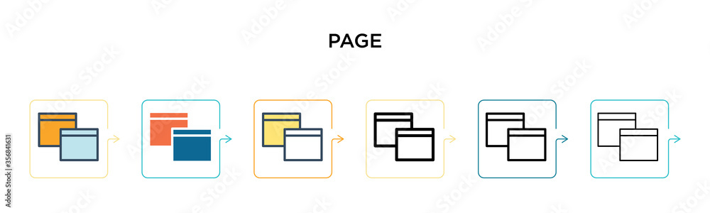 Page vector icon in 6 different modern styles. Black, two colored page icons designed in filled, outline, line and stroke style. Vector illustration can be used for web, mobile, ui Page vector icon in 6 different modern styles. Black, two colored page icons designed in filled, outline, line and stroke style. Vector illustration can be used for web, mobile, ui