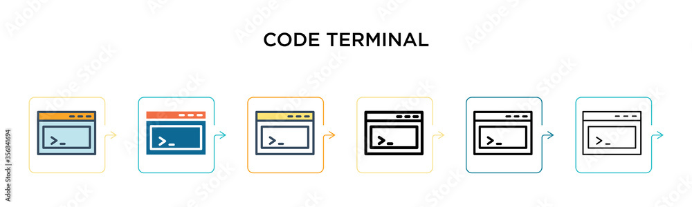 Code terminal vector icon in 6 different modern styles. Black, two colored code terminal icons designed in filled, outline, line and stroke style. Vector illustration can be used for web, mobile, ui