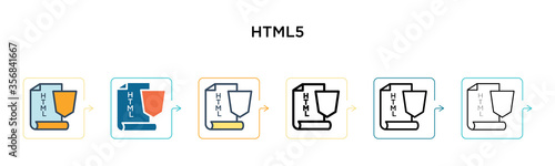Html5 vector icon in 6 different modern styles. Black, two colored html5 icons designed in filled, outline, line and stroke style. Vector illustration can be used for web, mobile, ui